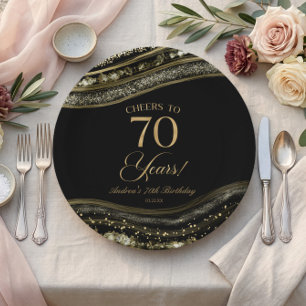Elegant Black Gold Agate 70th Birthday Party Paper Plates