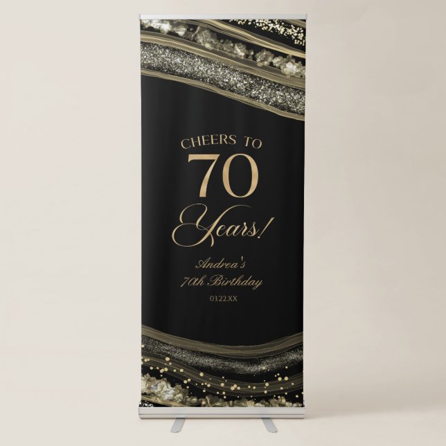 Elegant Black Gold Agate 70th Birthday Party Retractable Banner (Front)