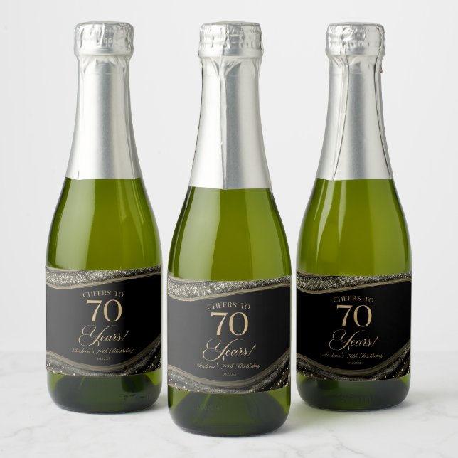 Elegant Black Gold Agate 70th Birthday Party Sparkling Wine Label (Bottles)