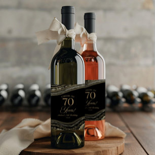 Elegant Black Gold Agate 70th Birthday Party Wine Label