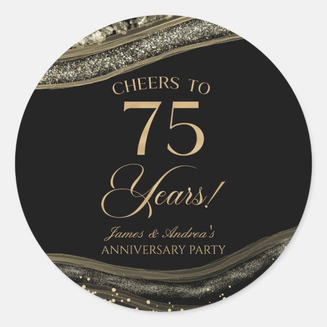 Elegant Black Gold Agate 75th Anniversary Party Classic Round Sticker (Front)