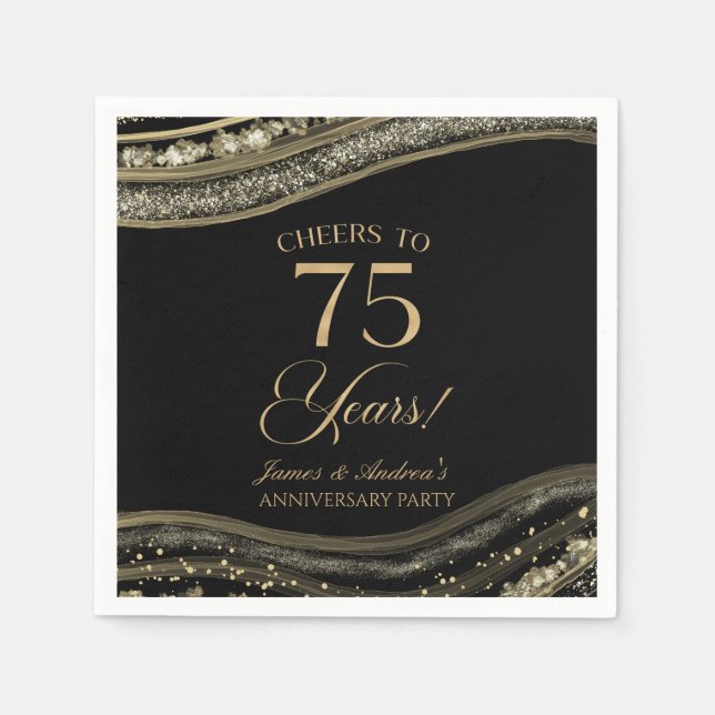 Elegant Black Gold Agate 75th Anniversary Party Napkins (Front)