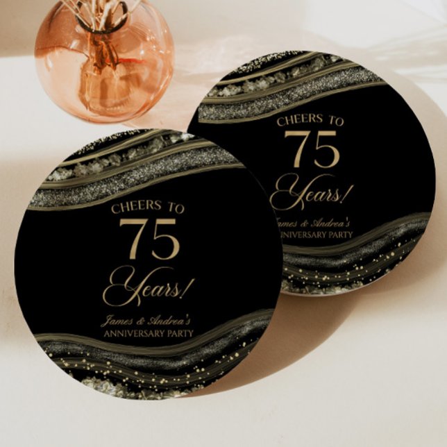 Elegant Black Gold Agate 75th Anniversary Party Paper Plates (Creator Uploaded)