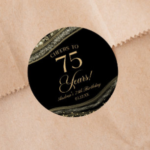 Elegant Black Gold Agate 75th Birthday Party Classic Round Sticker