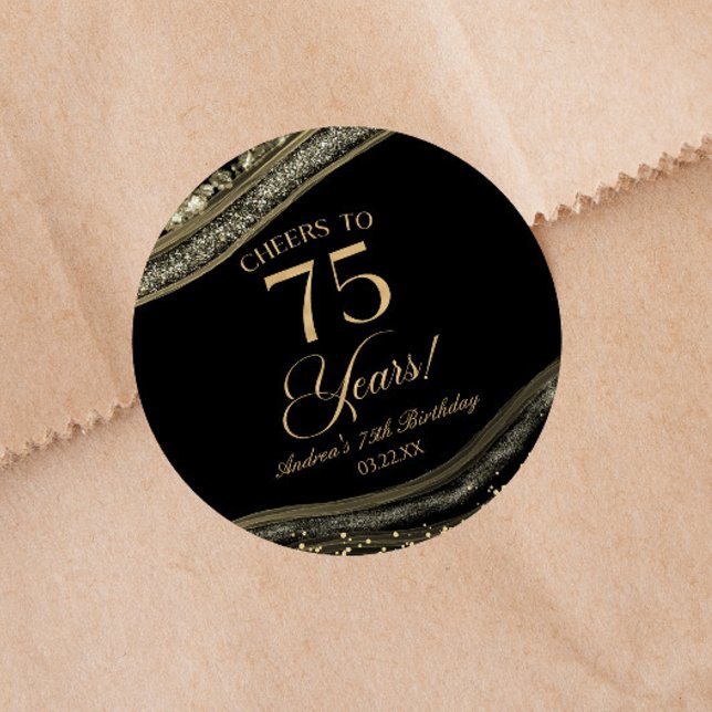 Elegant Black Gold Agate 75th Birthday Party Classic Round Sticker (Creator Uploaded)