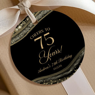 Elegant Black Gold Agate 75th Birthday Party Favor Tags