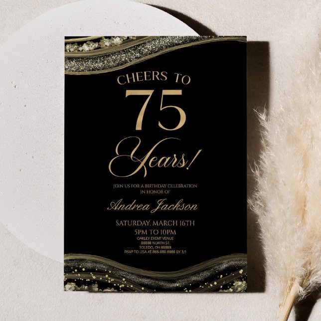 Elegant Black Gold Agate 75th Birthday Party Invitation (Creator Uploaded)