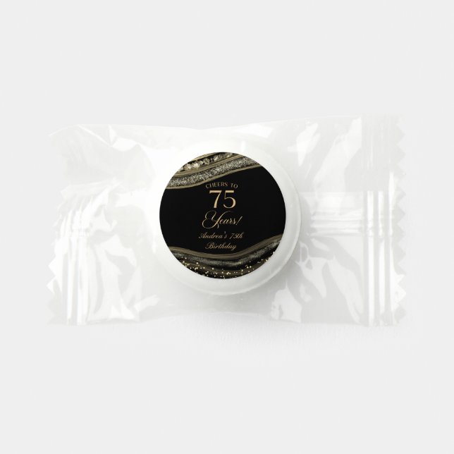 Elegant Black Gold Agate 75th Birthday Party Life Saver® Mints (Front)