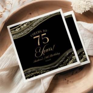 Elegant Black Gold Agate 75th Birthday Party Napkins