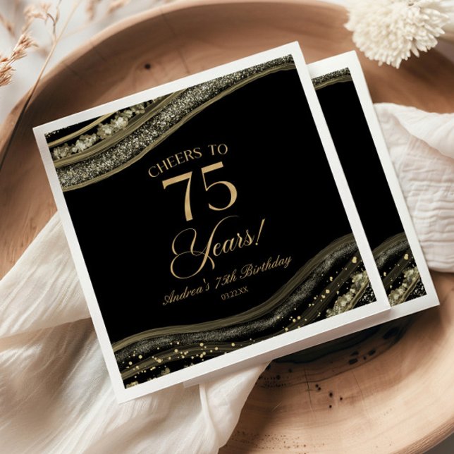 Elegant Black Gold Agate 75th Birthday Party Napkins (Creator Uploaded)