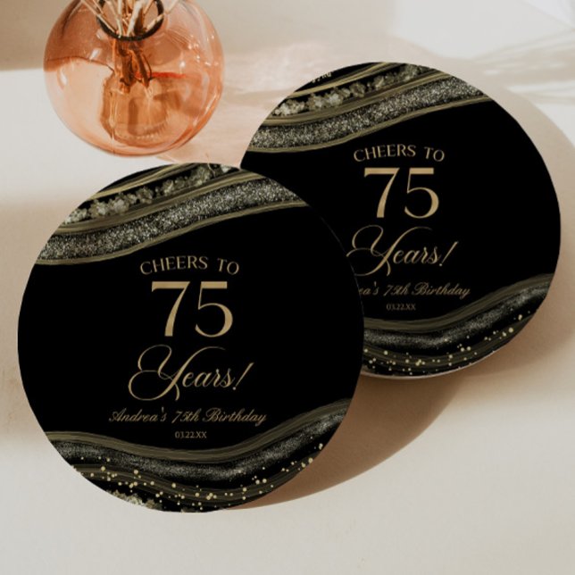 Elegant Black Gold Agate 75th Birthday Party Paper Plates (Creator Uploaded)