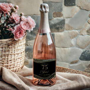 Elegant Black Gold Agate 75th Birthday Party Sparkling Wine Label