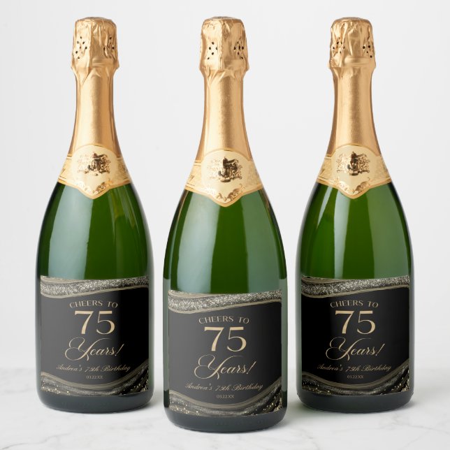 Elegant Black Gold Agate 75th Birthday Party Sparkling Wine Label (Bottles)