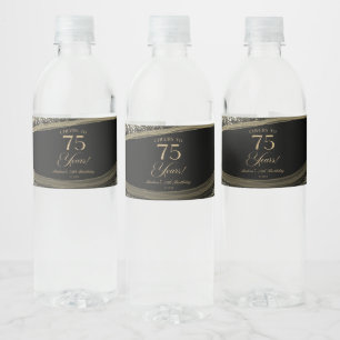 Elegant Black Gold Agate 75th Birthday Party Water Bottle Label