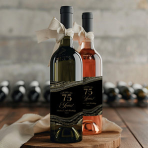 Elegant Black Gold Agate 75th Birthday Party Wine Label