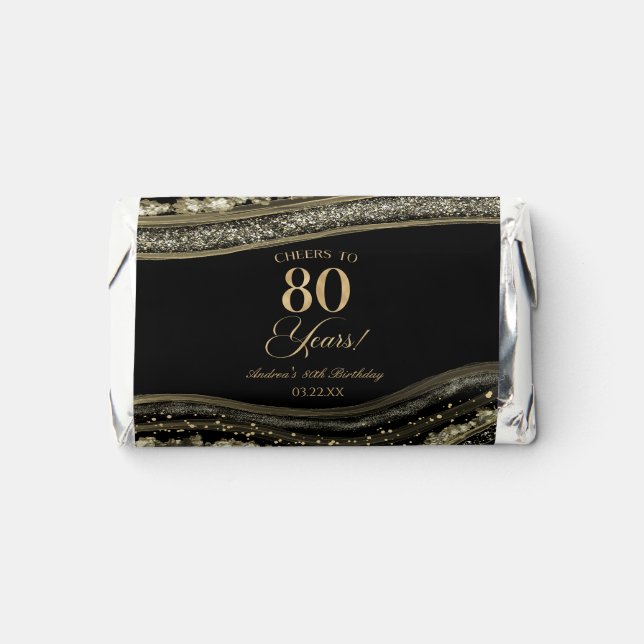 Elegant Black Gold Agate 80th Birthday Party Hershey's Miniatures (Front)