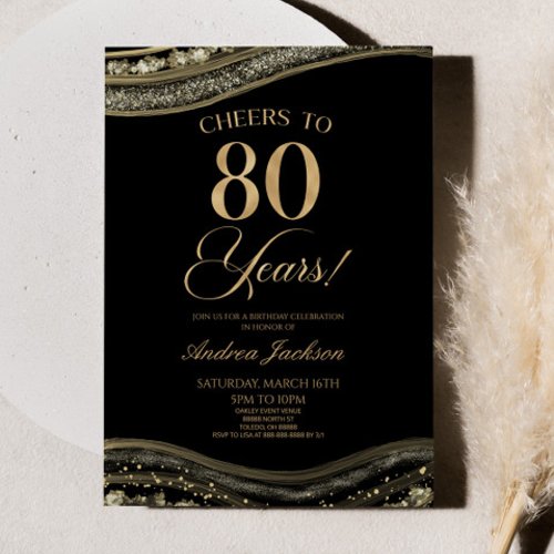 Elegant Black Gold Agate 80th Birthday Party