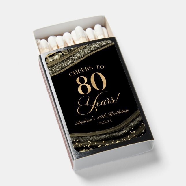 Elegant Black Gold Agate 80th Birthday Party Matchboxes (Front Open)