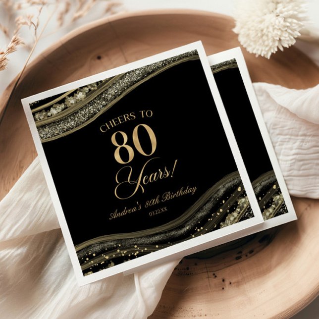 Elegant Black Gold Agate 80th Birthday Party Napkins (Creator Uploaded)