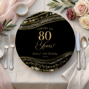 Elegant Black Gold Agate 80th Birthday Party Paper Plates