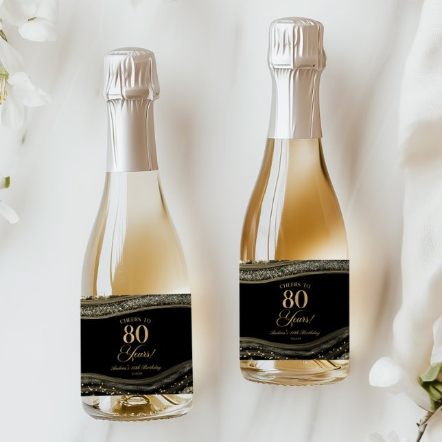 Elegant Black Gold Agate 80th Birthday Party Sparkling Wine Label (Creator Uploaded)