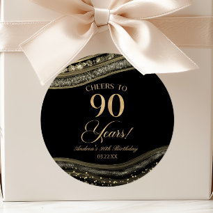 Elegant Black Gold Agate 90th Birthday Party Classic Round Sticker