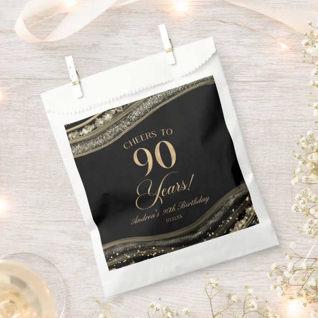 Elegant Black Gold Agate 90th Birthday Party Favor Bag (Clipped)