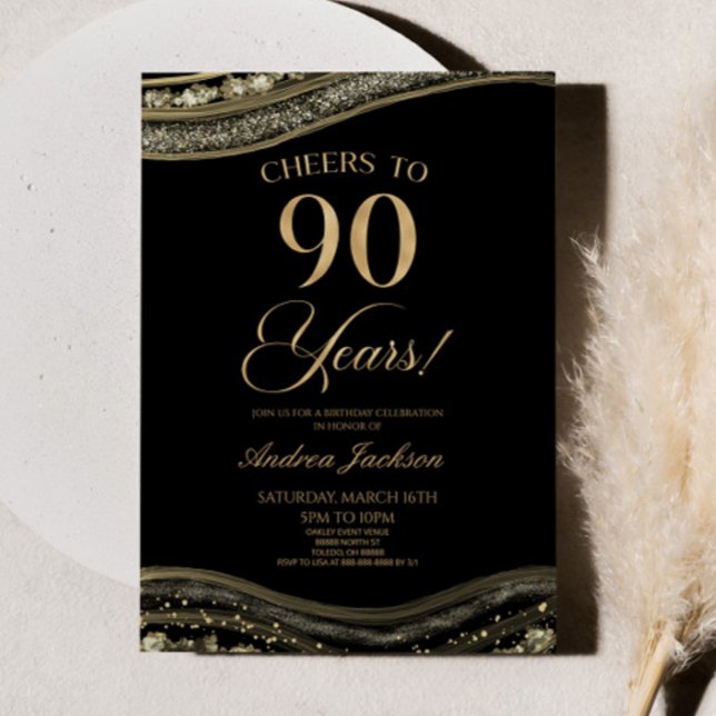 Elegant Black Gold Agate 90th Birthday Party Invitation (Creator Uploaded)