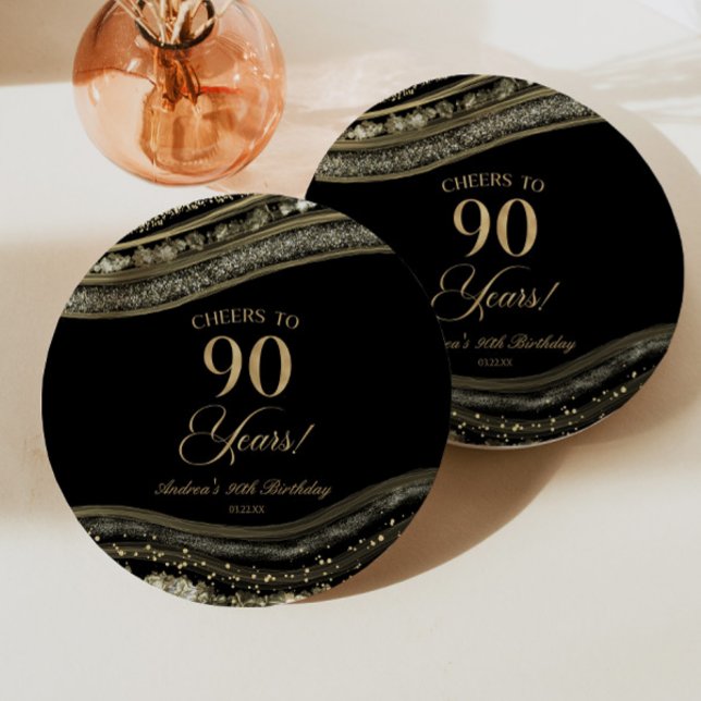 Elegant Black Gold Agate 90th Birthday Party Paper Plates (Creator Uploaded)