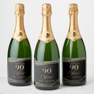 Elegant Black Gold Agate 90th Birthday Party Sparkling Wine Label