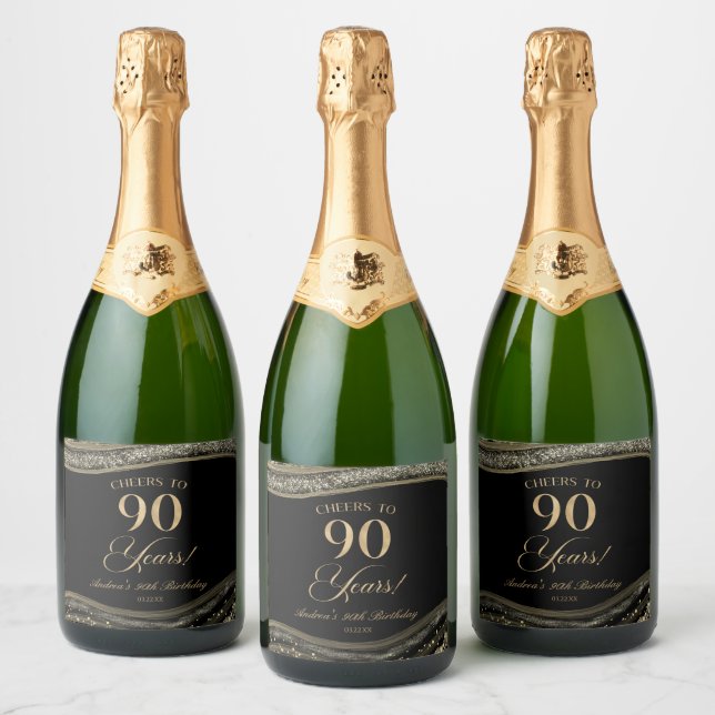 Elegant Black Gold Agate 90th Birthday Party Sparkling Wine Label (Bottles)