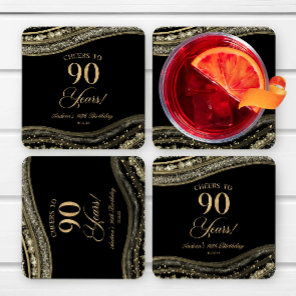 Elegant Black Gold Agate 90th Birthday Party Square Paper Coaster