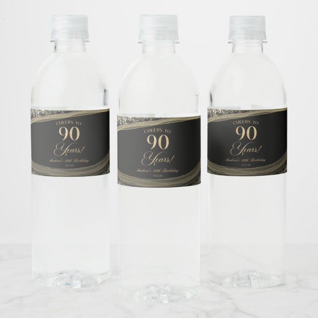 Elegant Black Gold Agate 90th Birthday Party Water Bottle Label (Bottles)