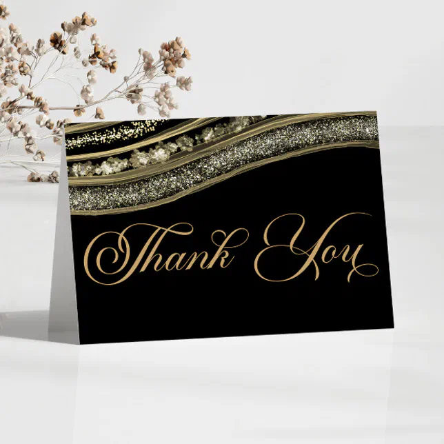 Elegant Black Gold Agate Birthday Party Thank You Card | Zazzle