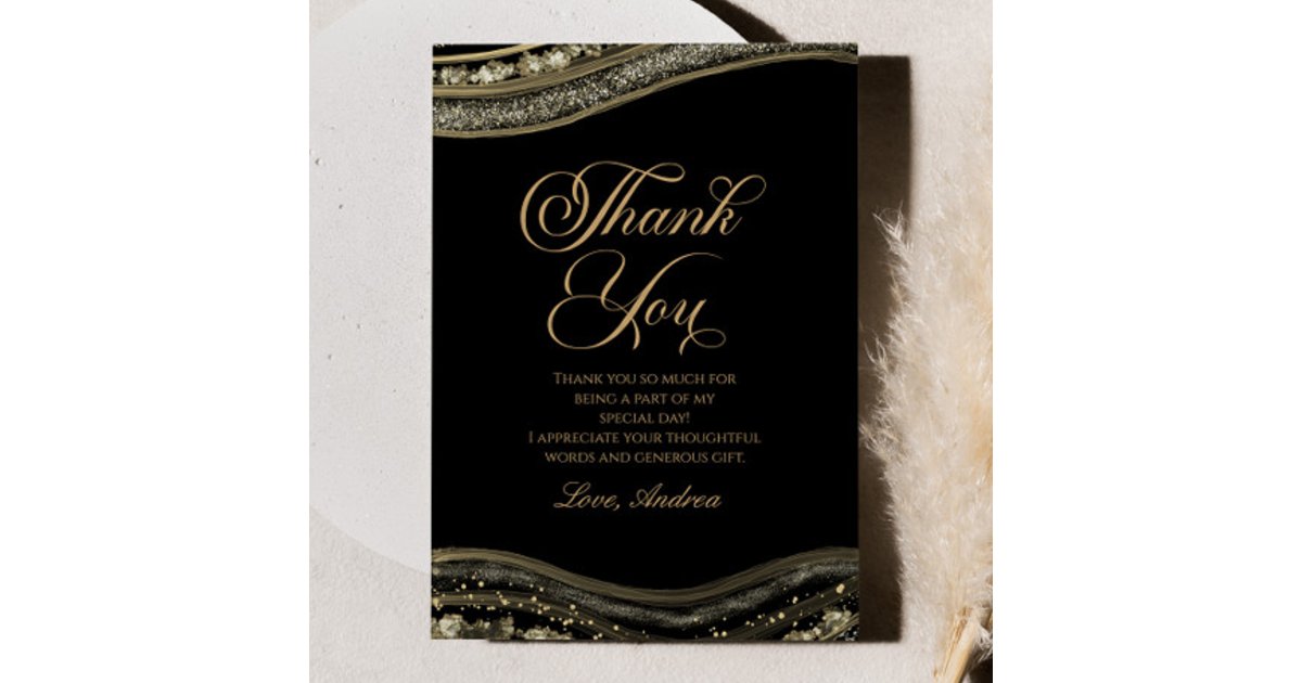 Elegant Black Gold Agate Birthday Party Thank You Card | Zazzle