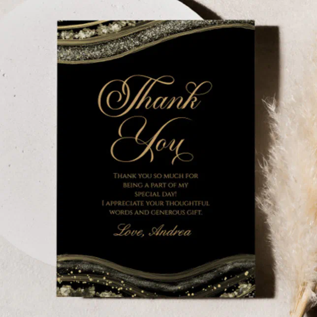 Elegant Black Gold Agate Birthday Party Thank You Card | Zazzle