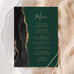 Elegant Black Gold Agate Dark Green Wedding Menu<br><div class="desc">The left-hand edge of this elegant modern wedding menu features a black watercolor agate border trimmed with faux gold glitter. The customizable text combines gold-colored handwriting script and copperplate fonts on a dark emerald green background. The back features a matching black and gold agate design.</div>