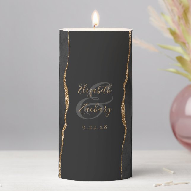 Elegant Black Gold Agate Dark Wedding Pillar Candle (In Situ)