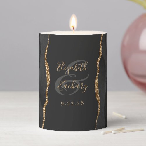 Elegant Black Gold Agate Dark Wedding Pillar Candle