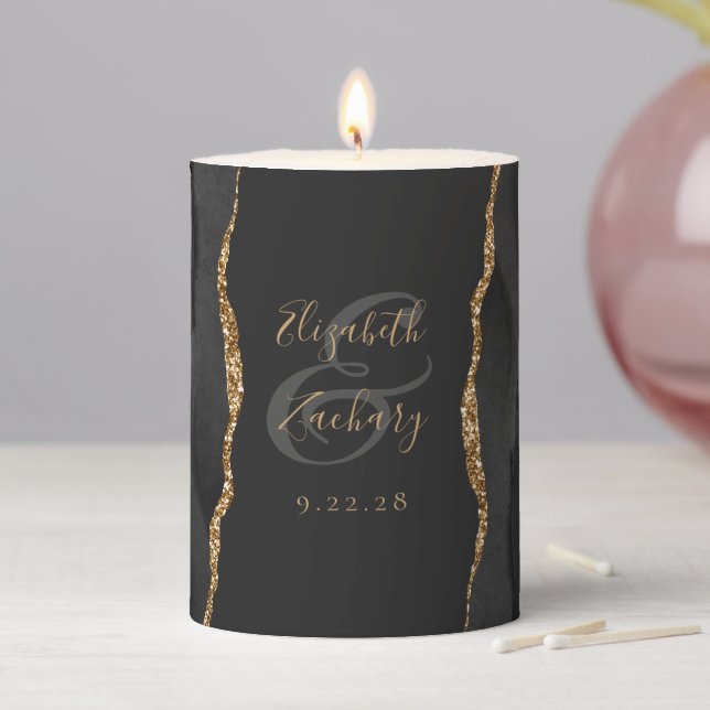 Elegant Black Gold Agate Dark Wedding Pillar Candle (In Situ)