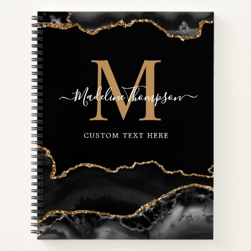 Elegant Black Gold Agate Geode Script Monogram Notebook