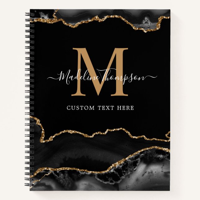 Elegant Black Gold Agate Geode Script Monogram Notebook (Front)