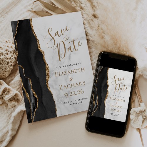 Elegant Black Gold Agate Marble Save the Date