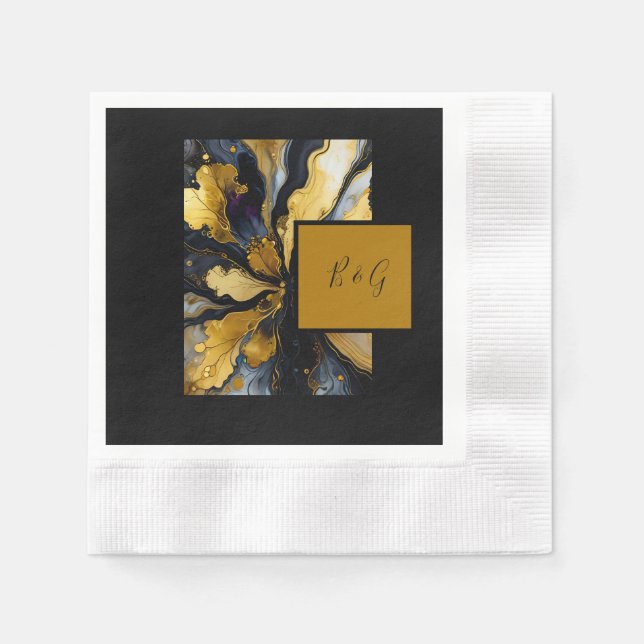 elegant black gold agate marble wedding napkins (Front)