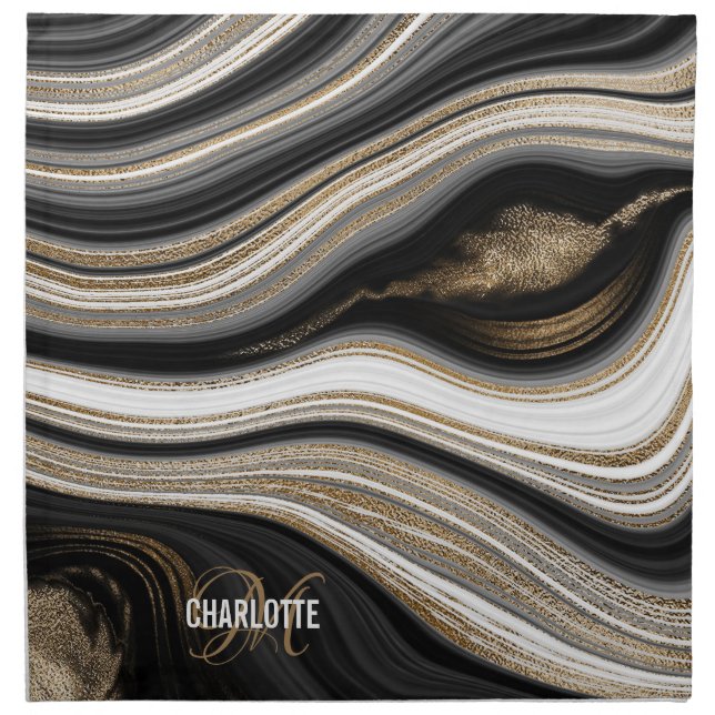 Elegant black gold agate monogram name  cloth napkin (Front)