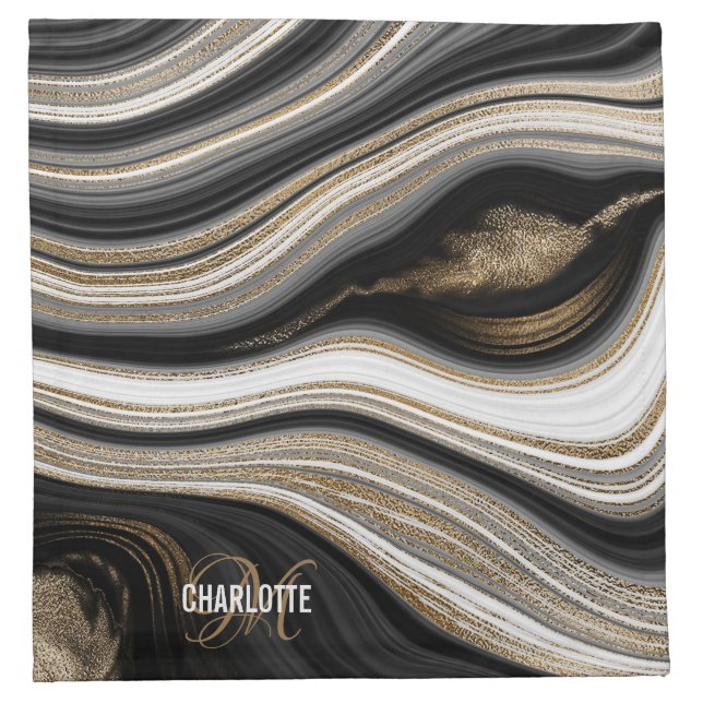 Elegant black gold agate monogram name  cloth napkin (Front)