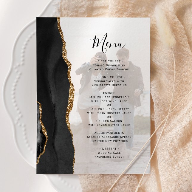 Elegant Black Gold Agate Photo Overlay Wedding Menu (Creator Uploaded)