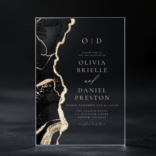 Elegant Black Gold Agate Wedding Monogram Acrylic Invitations (Creator Uploaded)