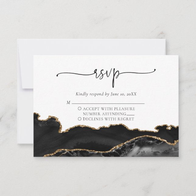 Elegant Black Gold Agate Wedding RSVP Card (Front)