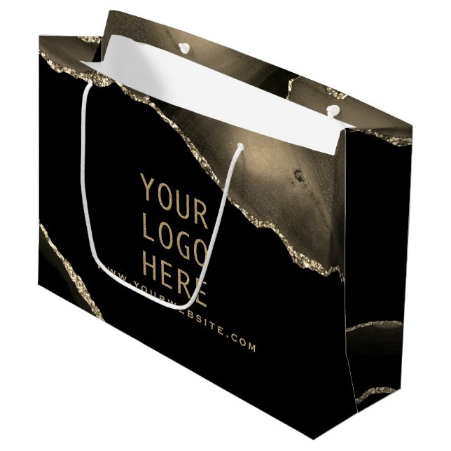 Elegant Black Gold Agate Your Logo Here Large Gift Bag (Front Angled)